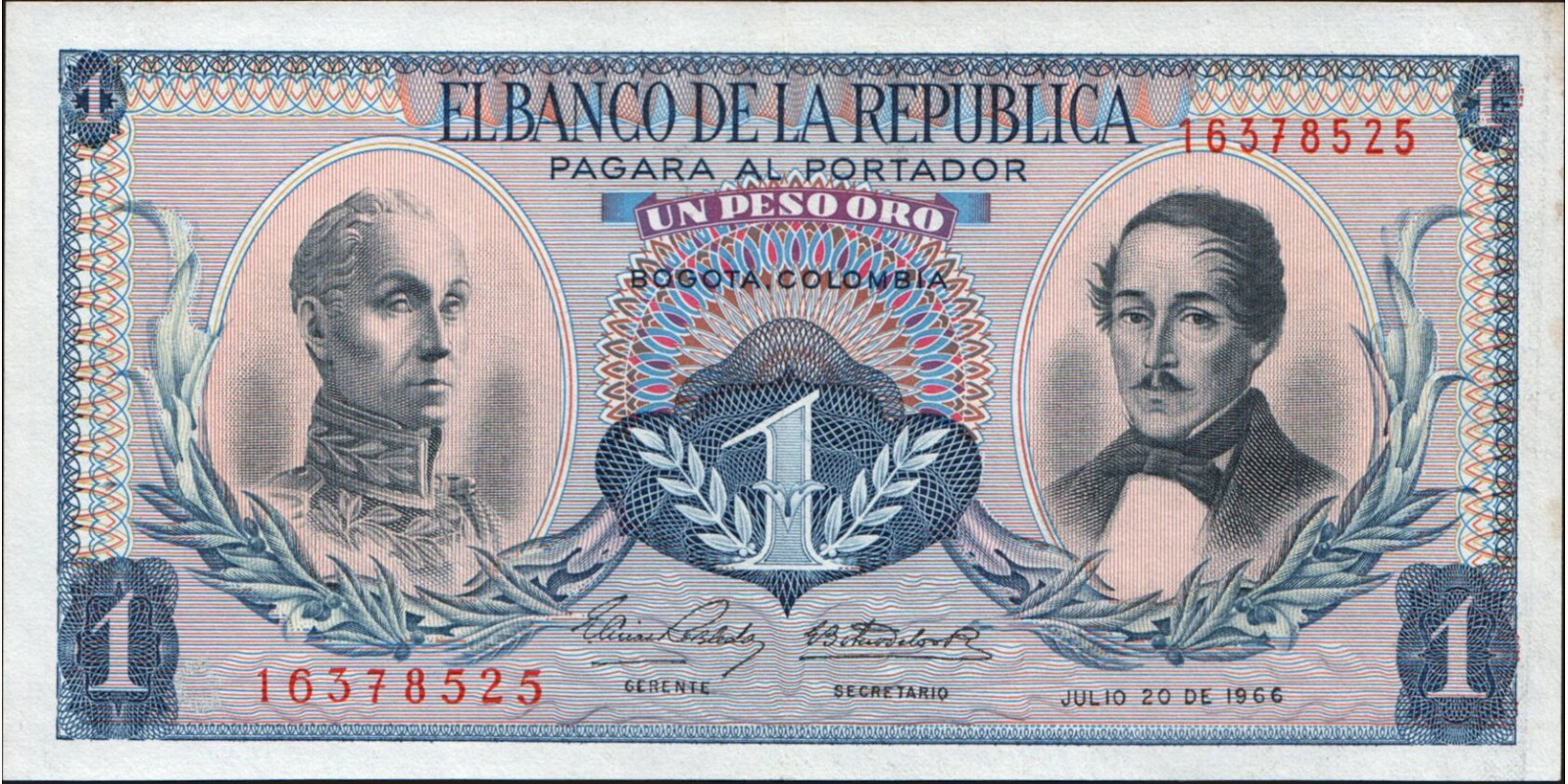 1 pesos Колумбия 1966 — Лицевая сторона