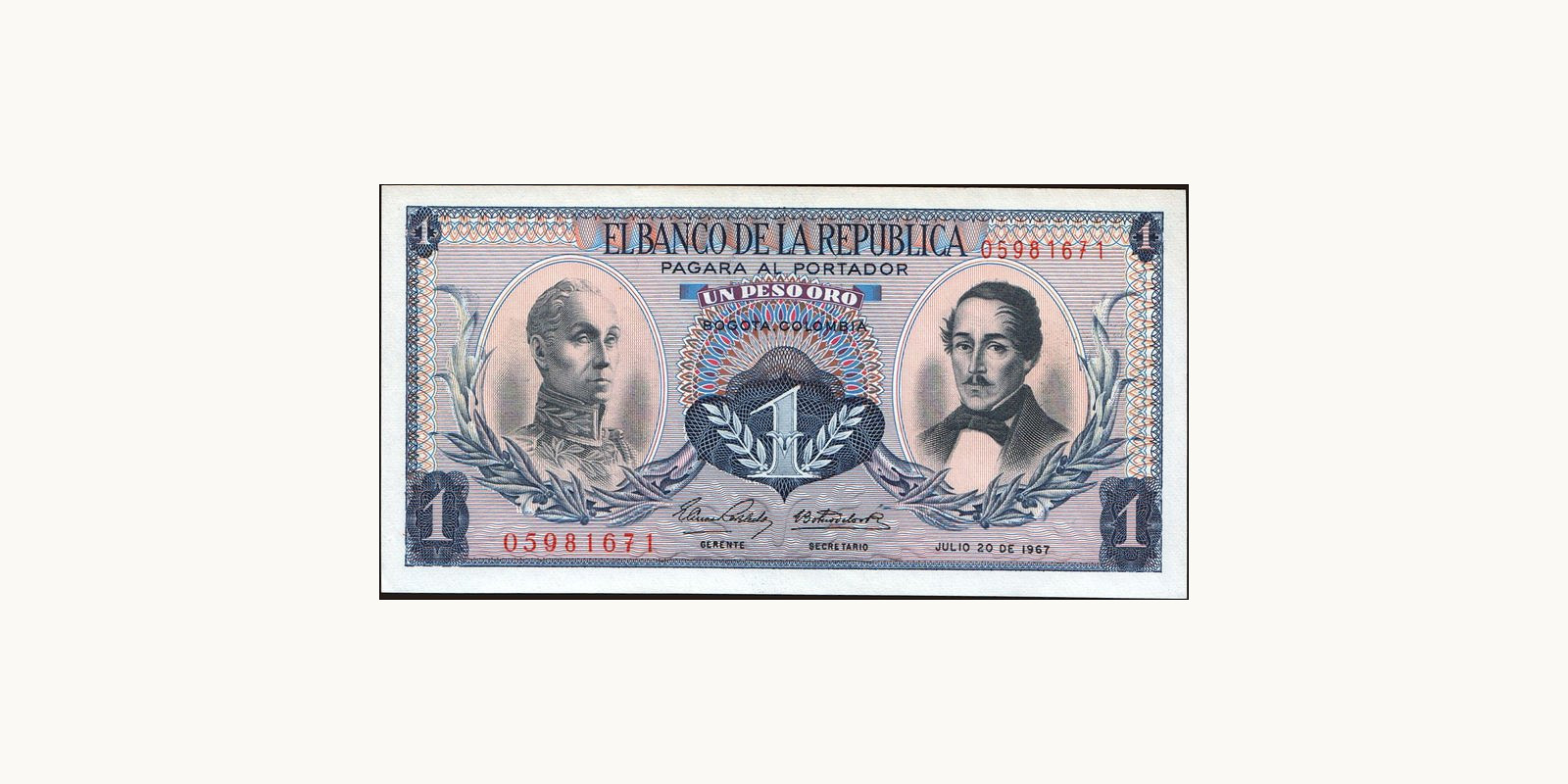 1 pesos Колумбия 1967 — Лицевая сторона