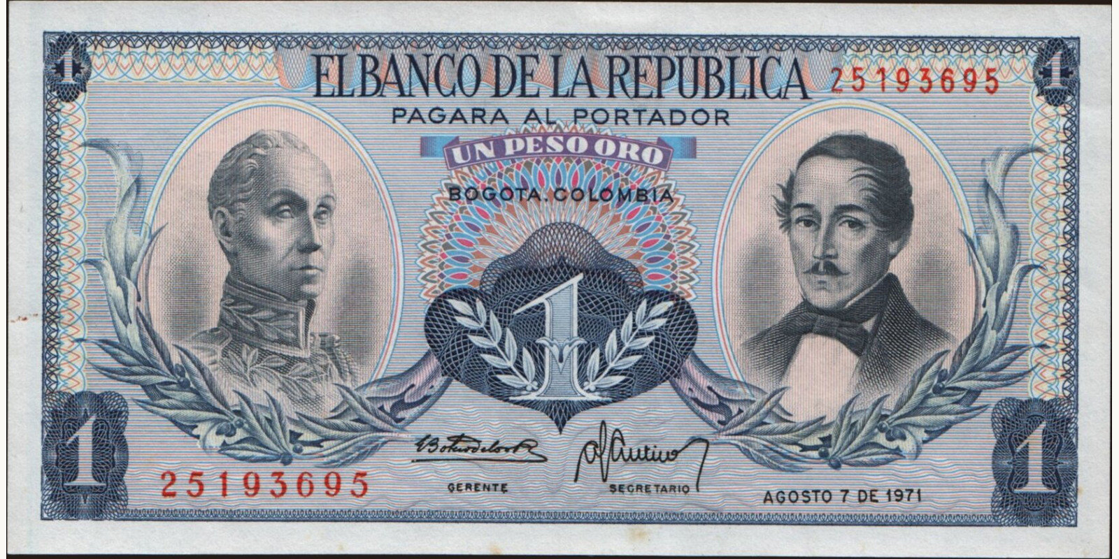 1 pesos Колумбия 1971 — Лицевая сторона