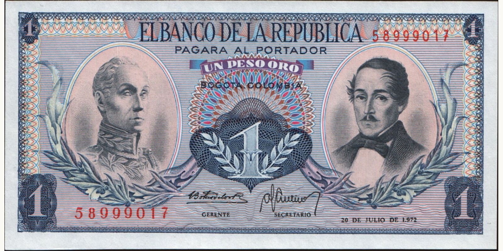 1 pesos Colombia 1972 — Front side