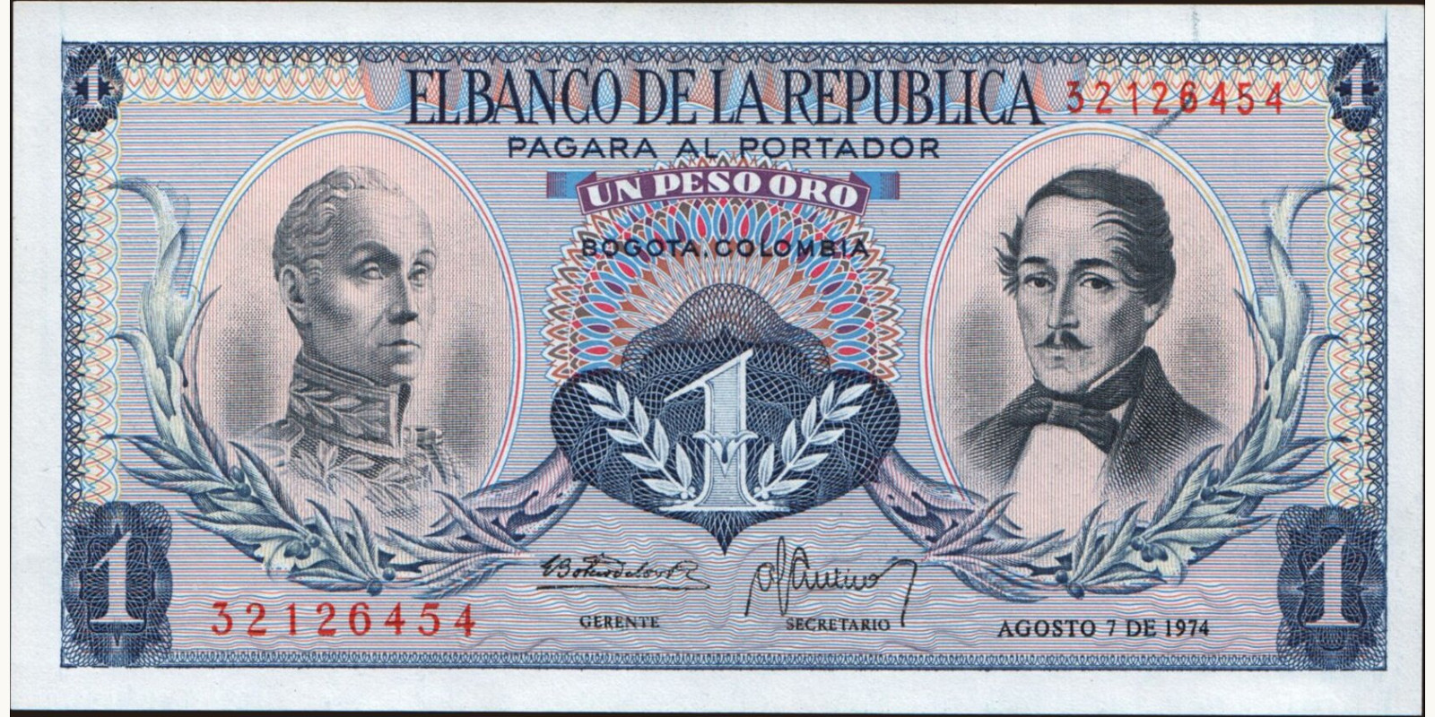 1 pesos Колумбия 1974 — Лицевая сторона