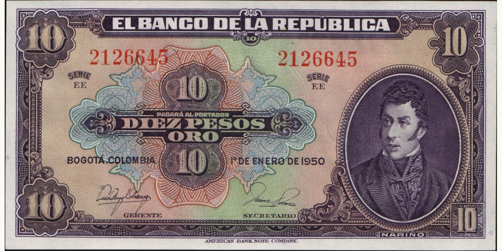 10 pesos Колумбия 1950 — Лицевая сторона