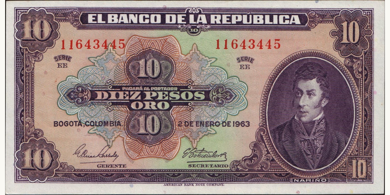 10 pesos Колумбия 1963 — Лицевая сторона