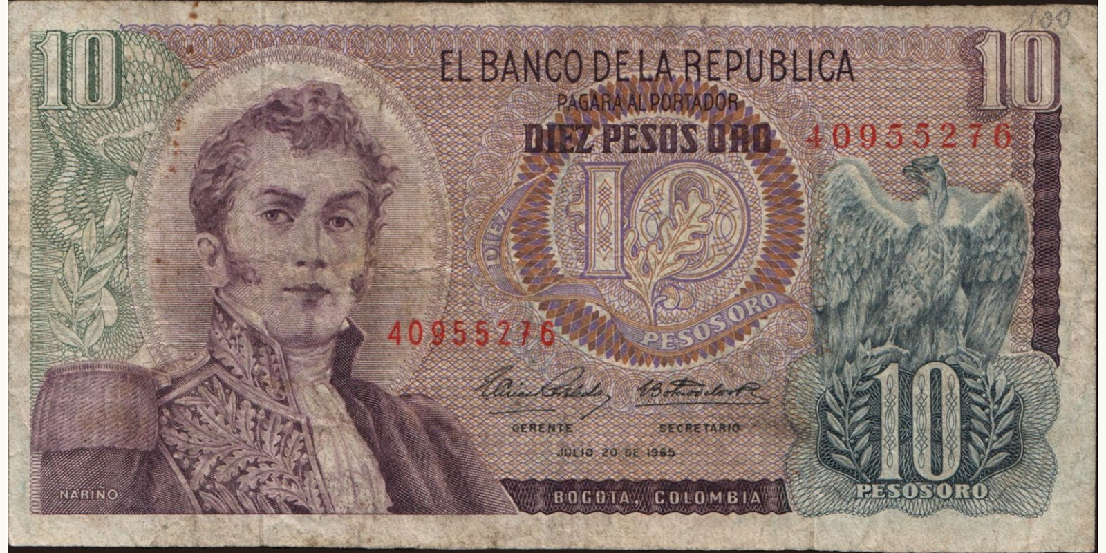 10 pesos Колумбия 1965 — Лицевая сторона