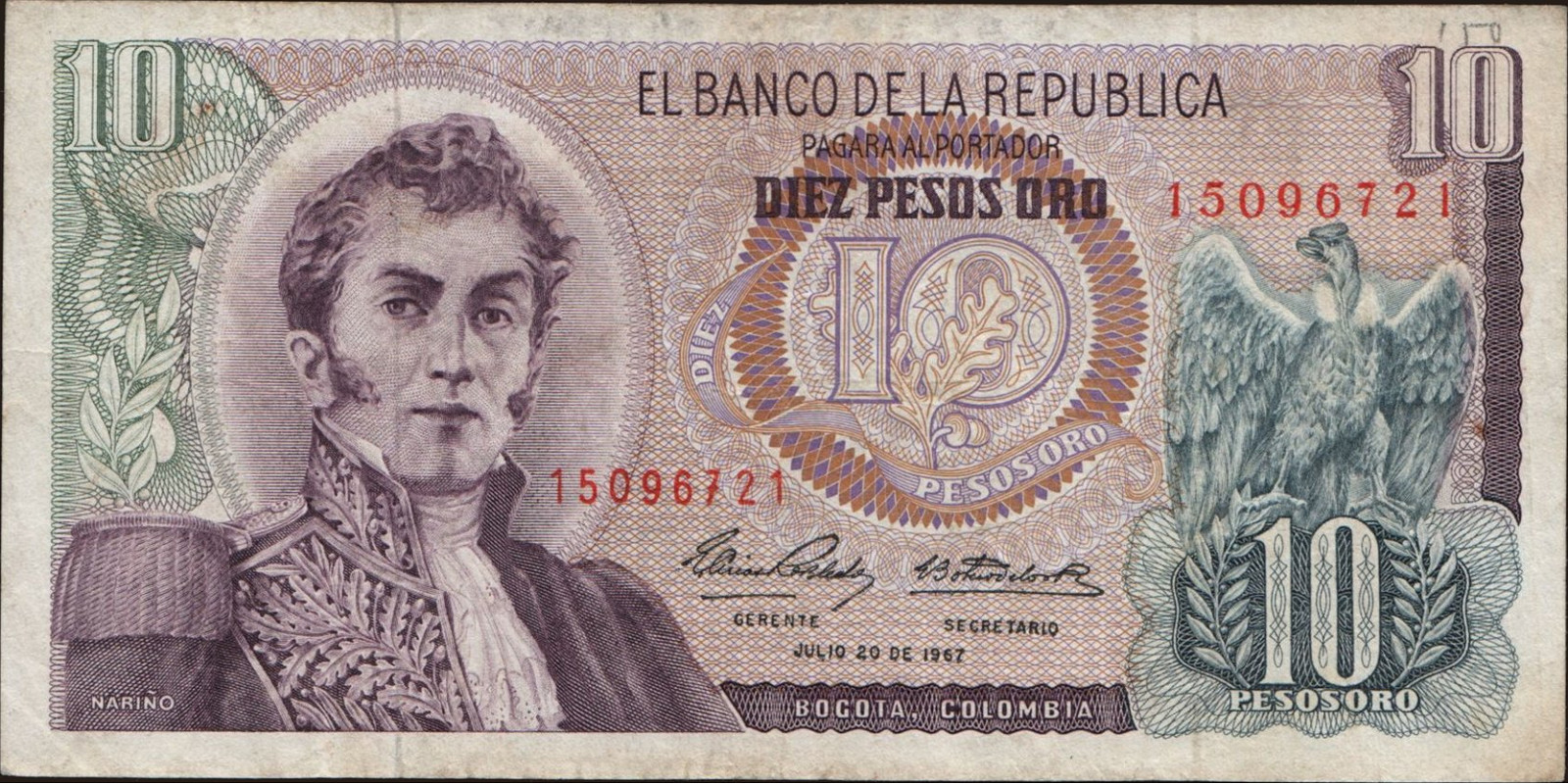 10 pesos Колумбия 1967 — Лицевая сторона