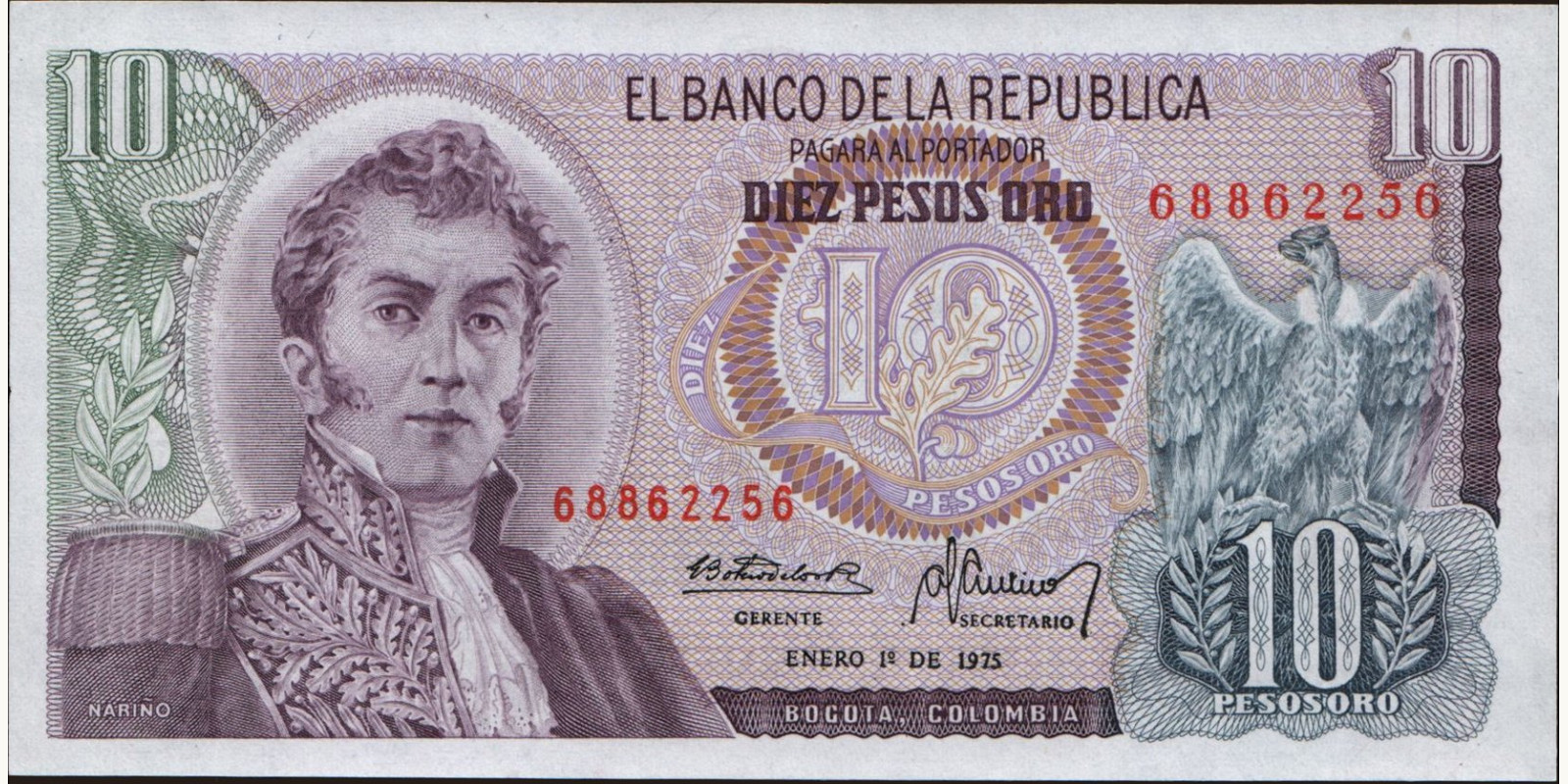 10 pesos Колумбия 1975 — Лицевая сторона