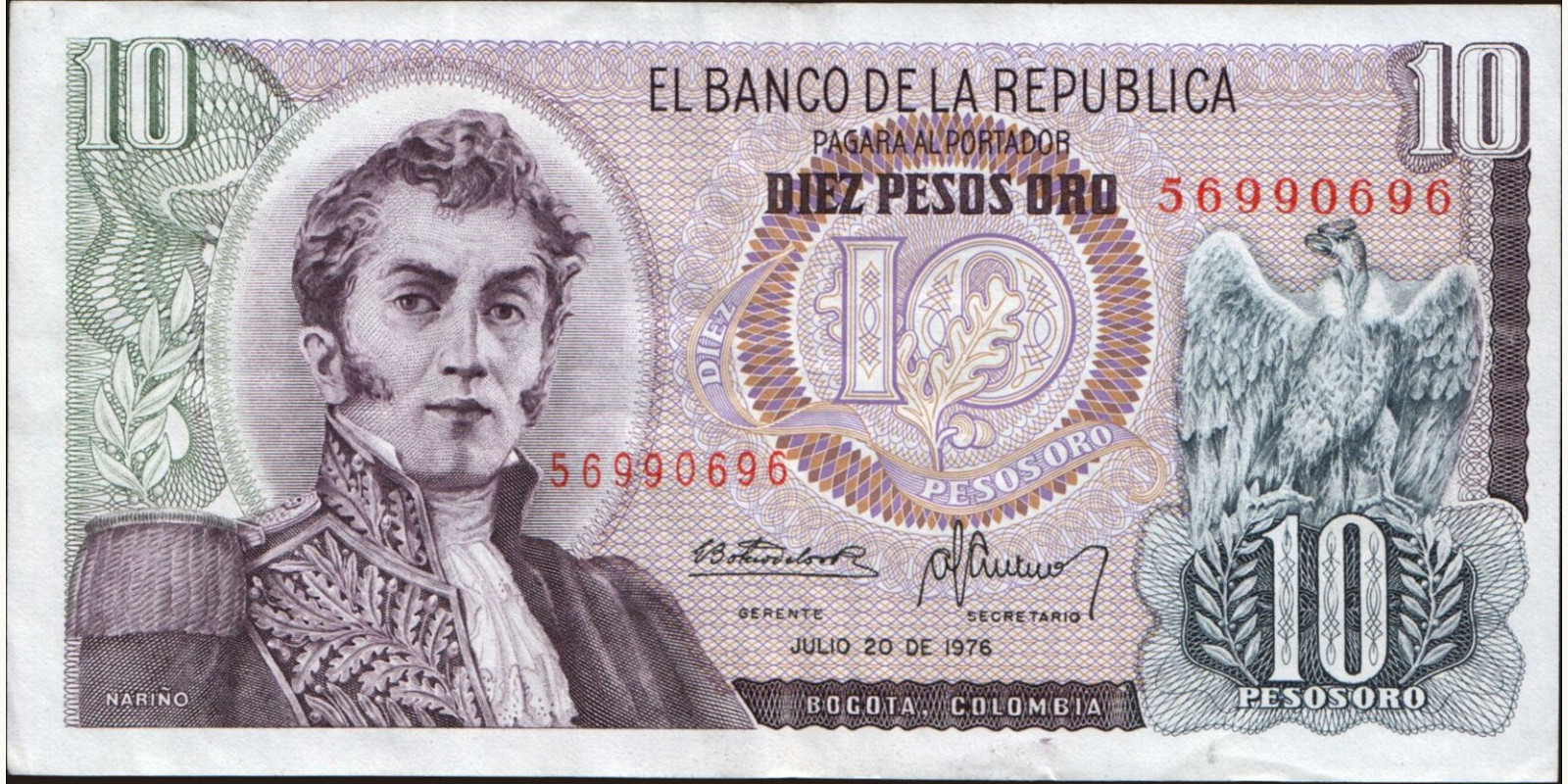 10 pesos Колумбия 1976 — Лицевая сторона