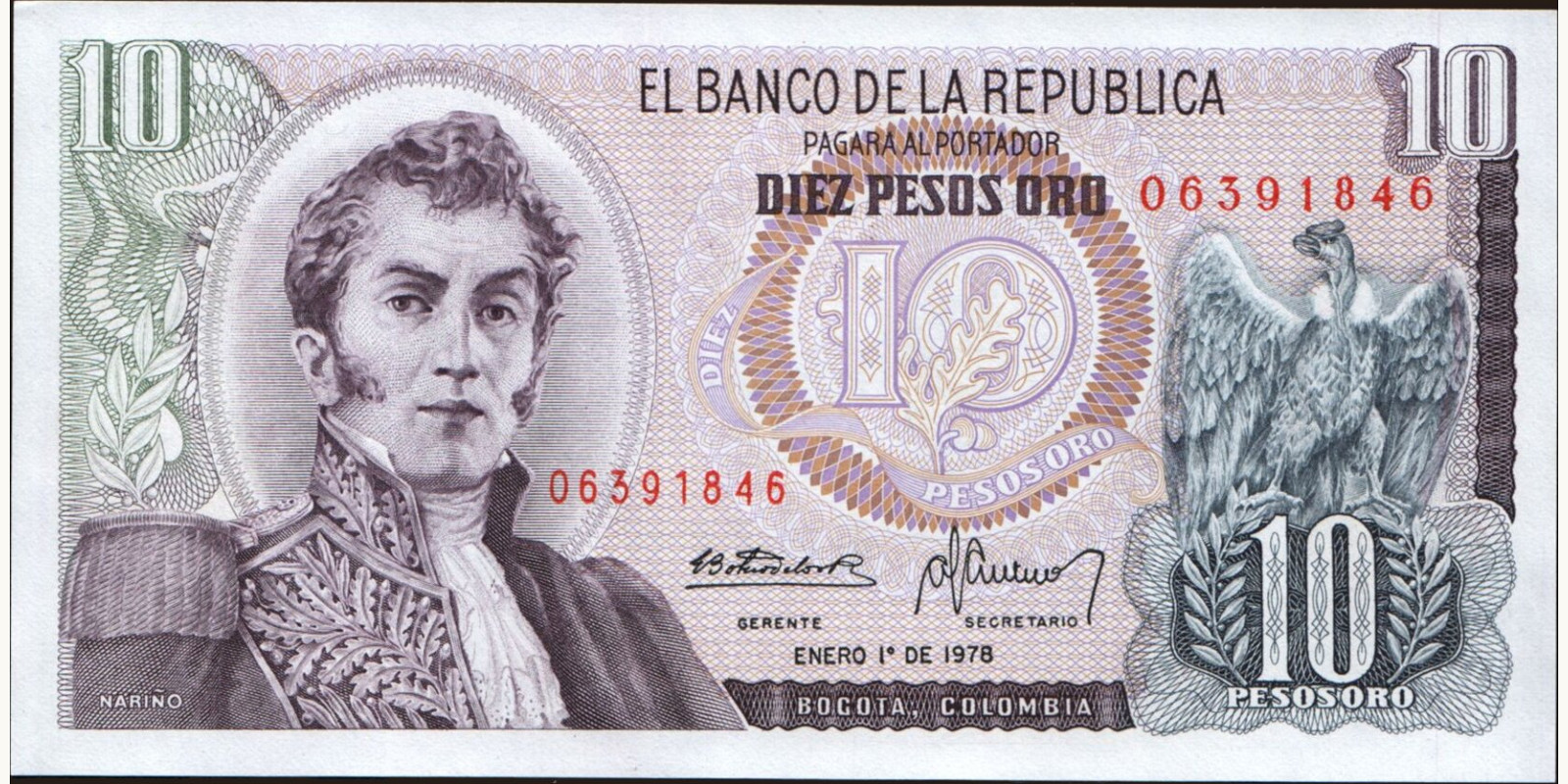 10 pesos Colombia 1978 — Front side
