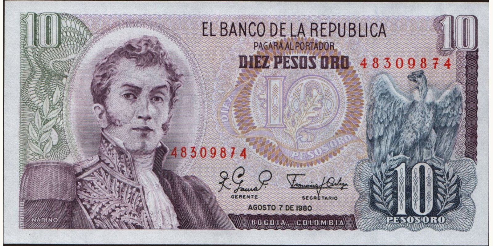 10 pesos Колумбия 1980 — Лицевая сторона