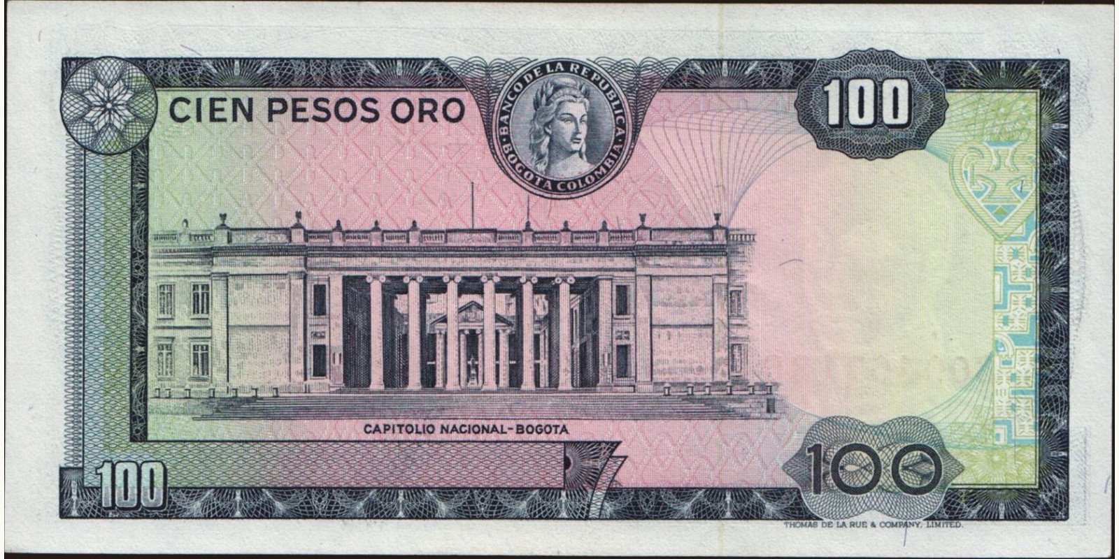 100 pesos Colombia 1974 — Back side