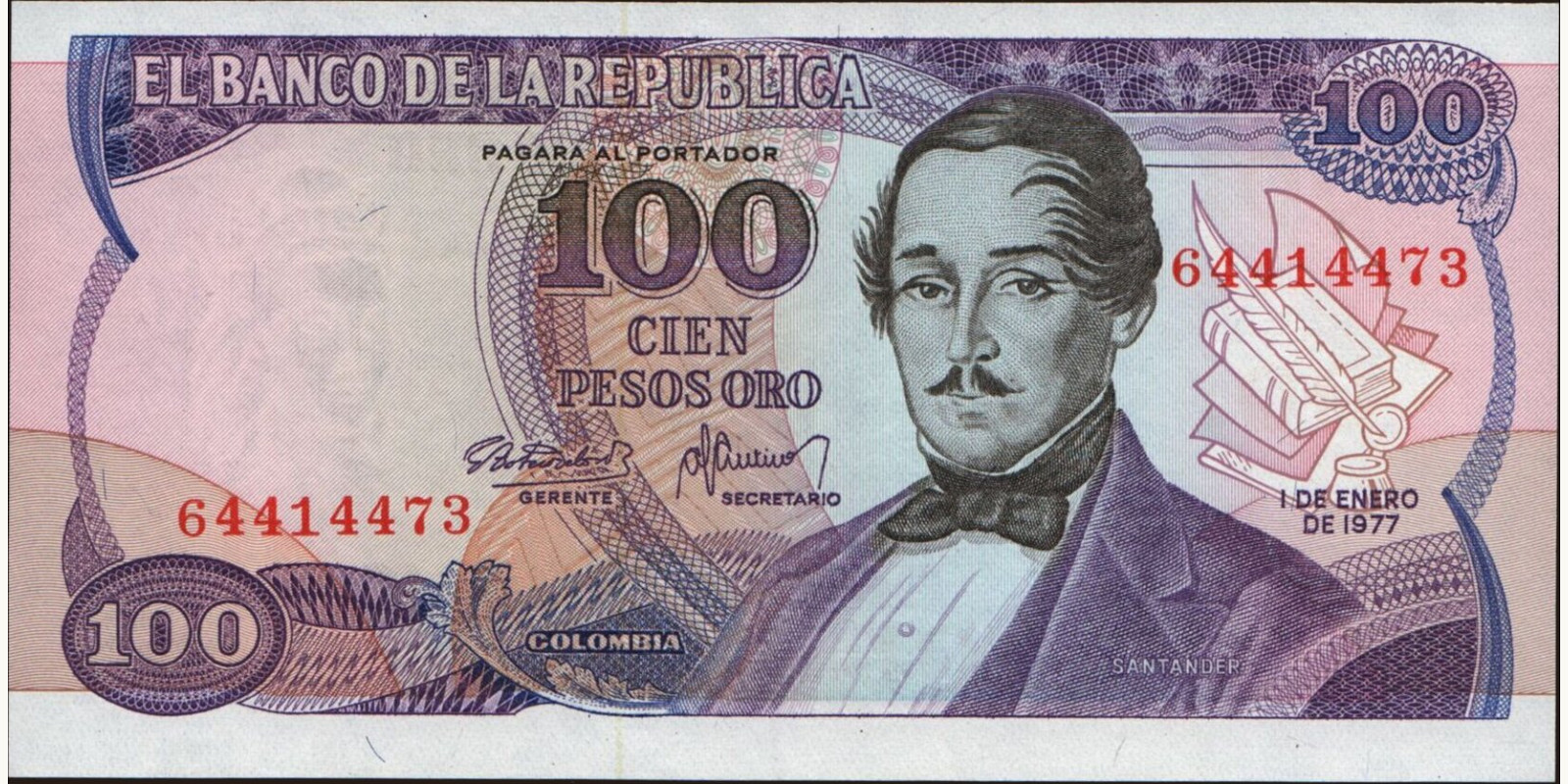 100 pesos Колумбия 1977 — Лицевая сторона