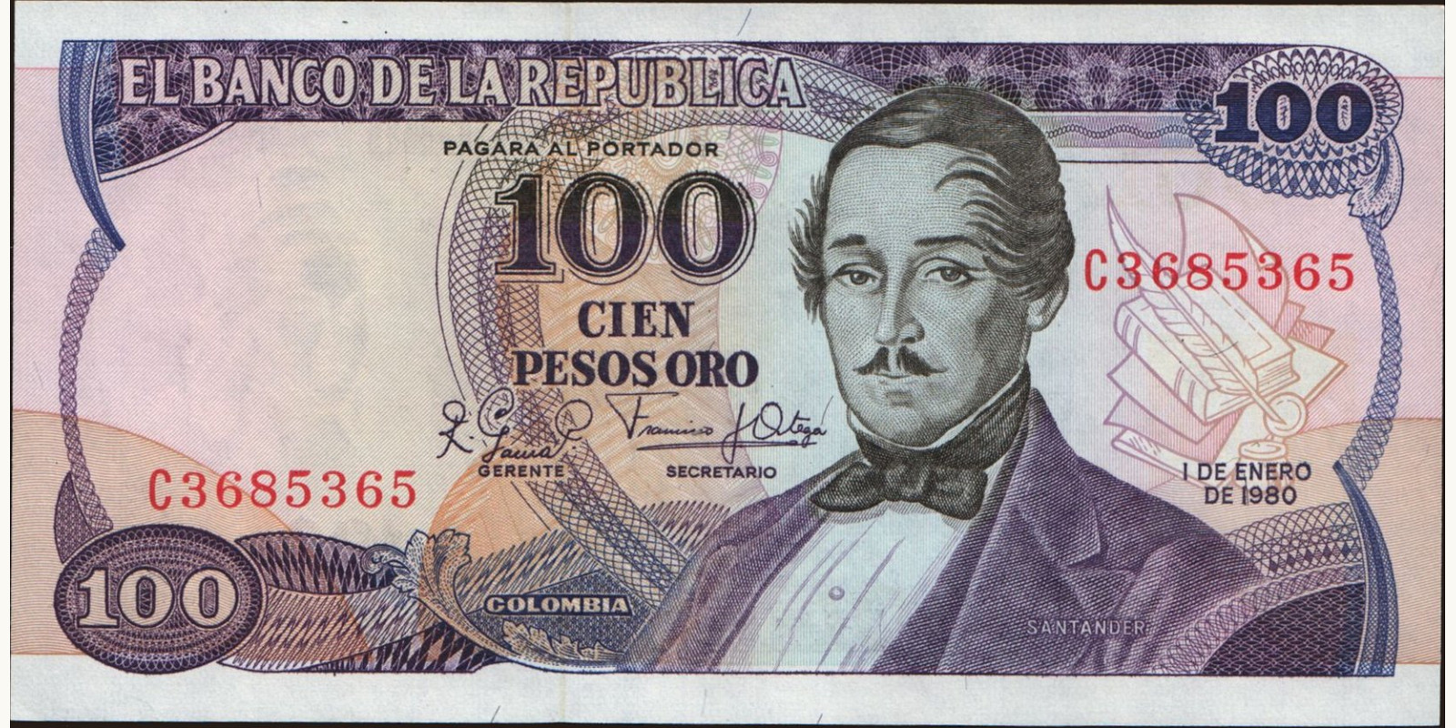 100 pesos Колумбия 1980 — Лицевая сторона