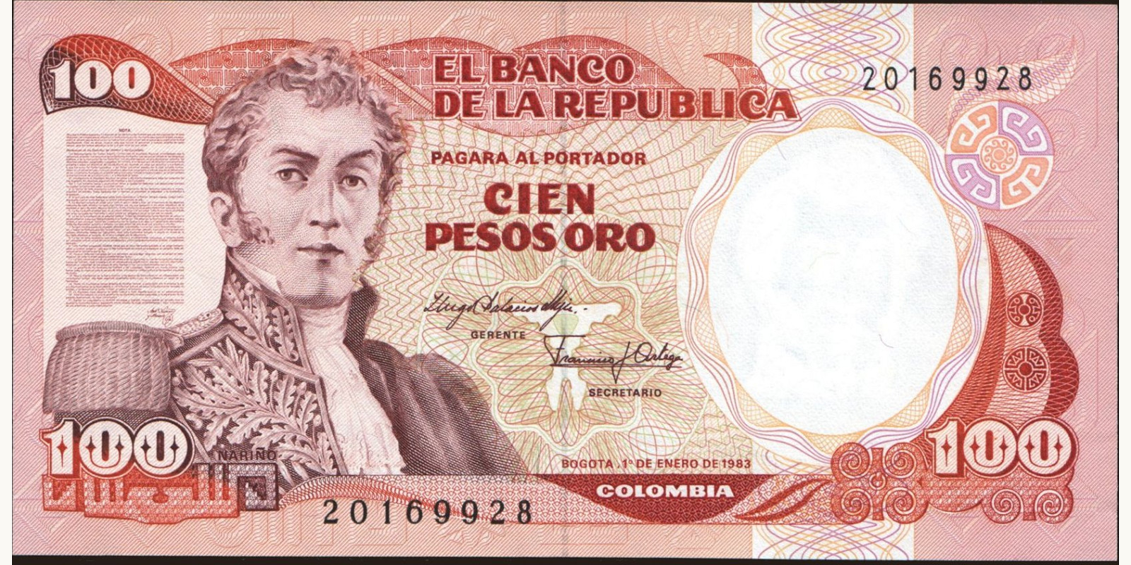 100 pesos Colombia 1983 — Front side