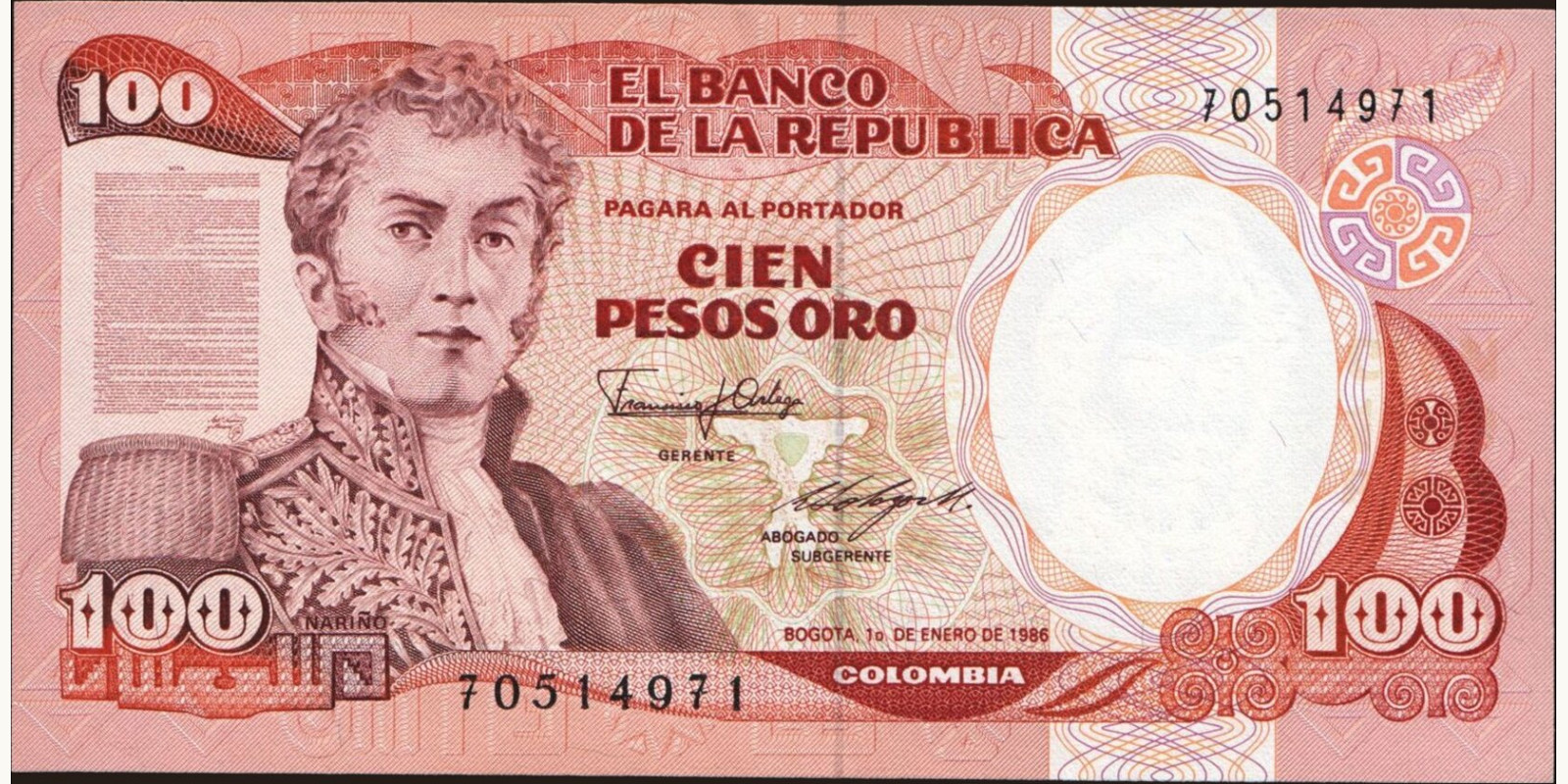 100 pesos Колумбия 1986 — Лицевая сторона