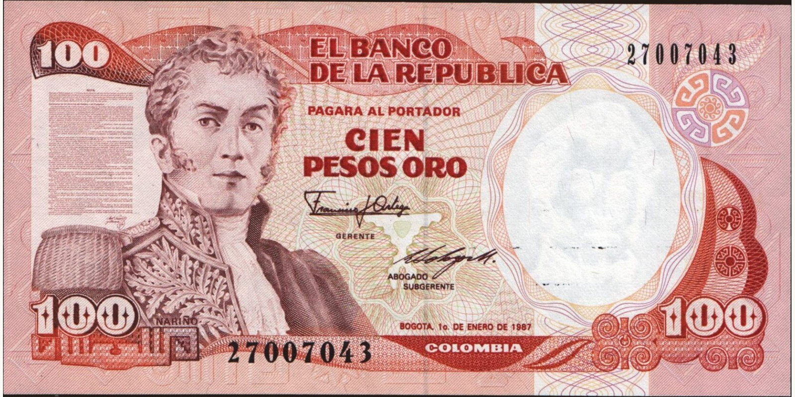 100 pesos Колумбия 1987 — Лицевая сторона