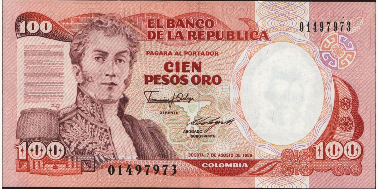 100 pesos Колумбия 1989 — Лицевая сторона