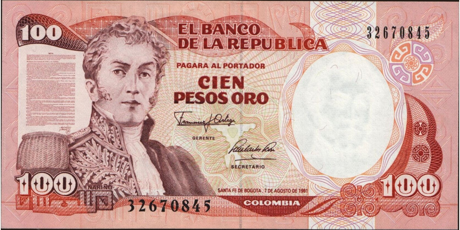 100 pesos Колумбия 1991 — Лицевая сторона
