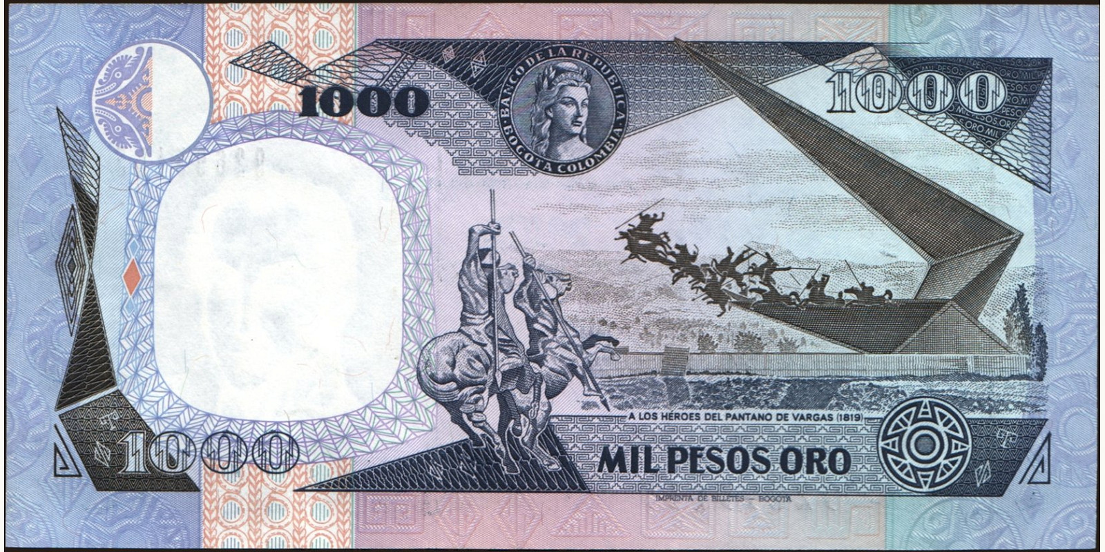 1000 pesos Колумбия 1987 — Оборотная сторона