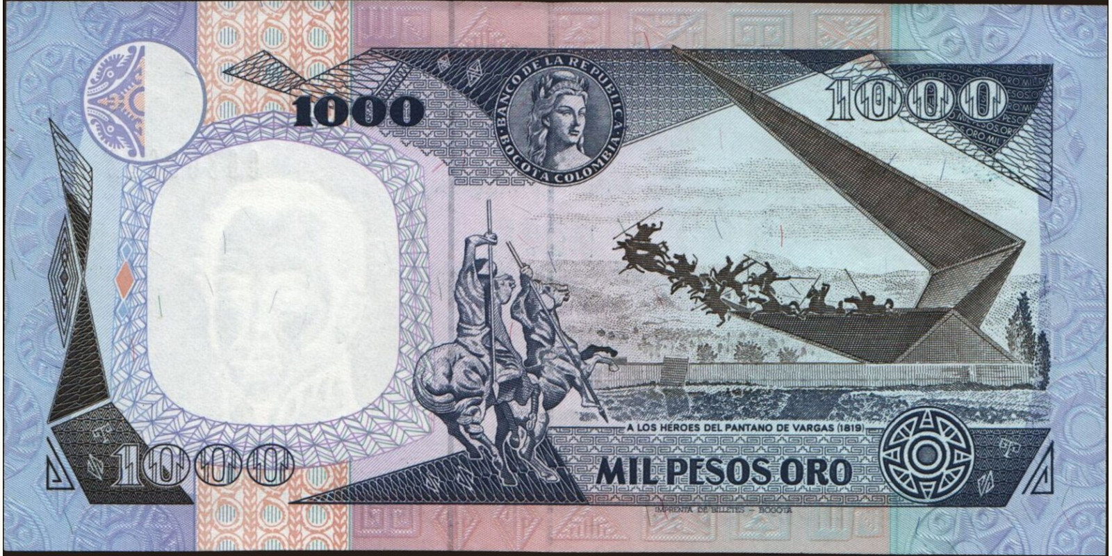 1000 pesos Колумбия 1990 — Оборотная сторона