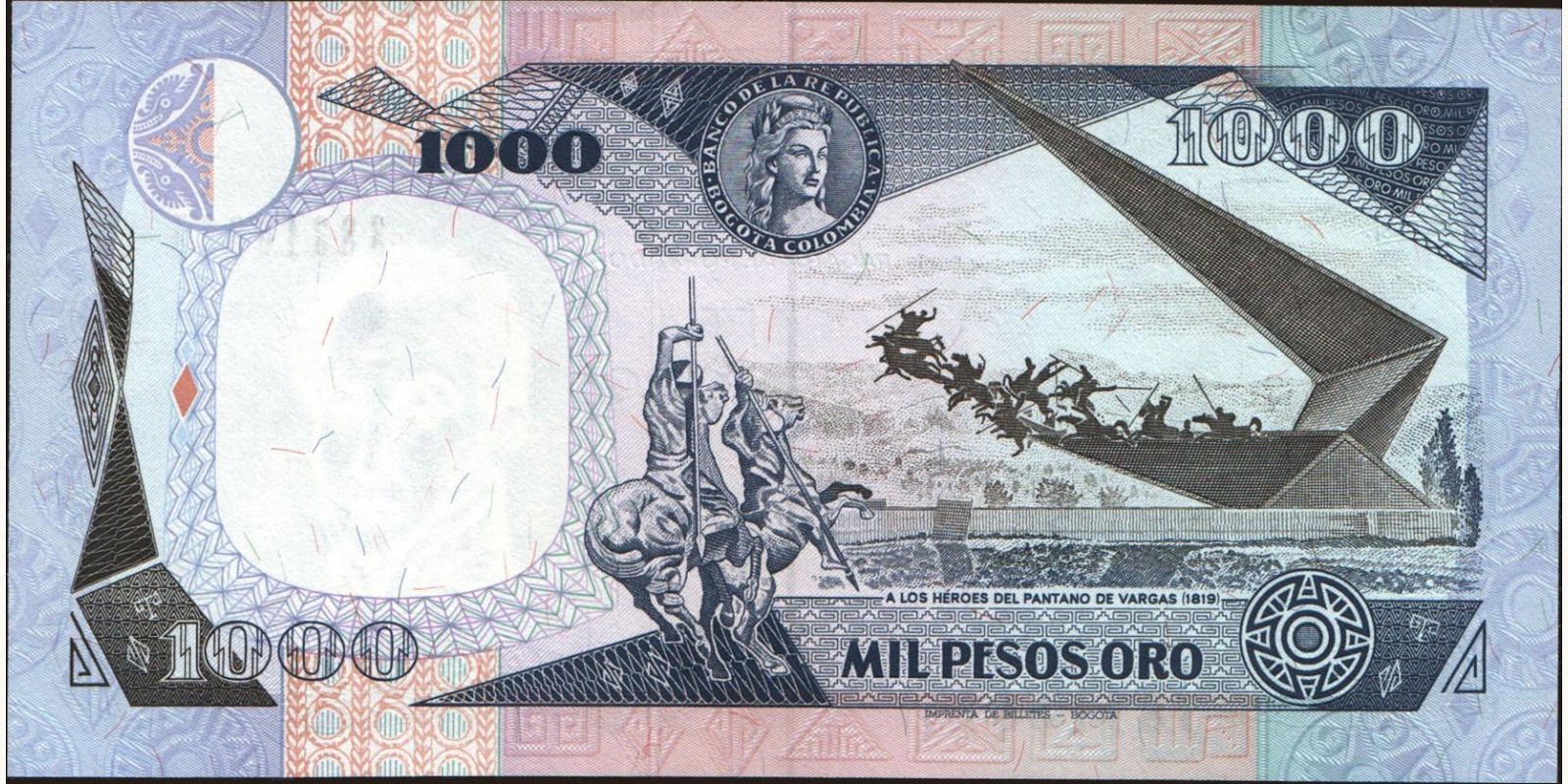 1000 pesos Colombia 1991 — Back side