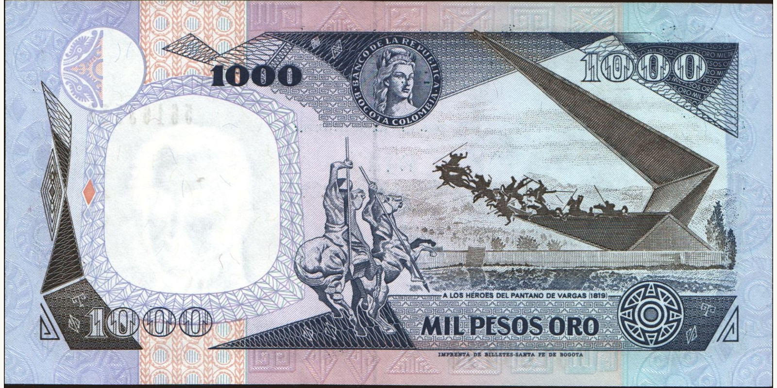 1000 pesos Colombia 1992 — Back side