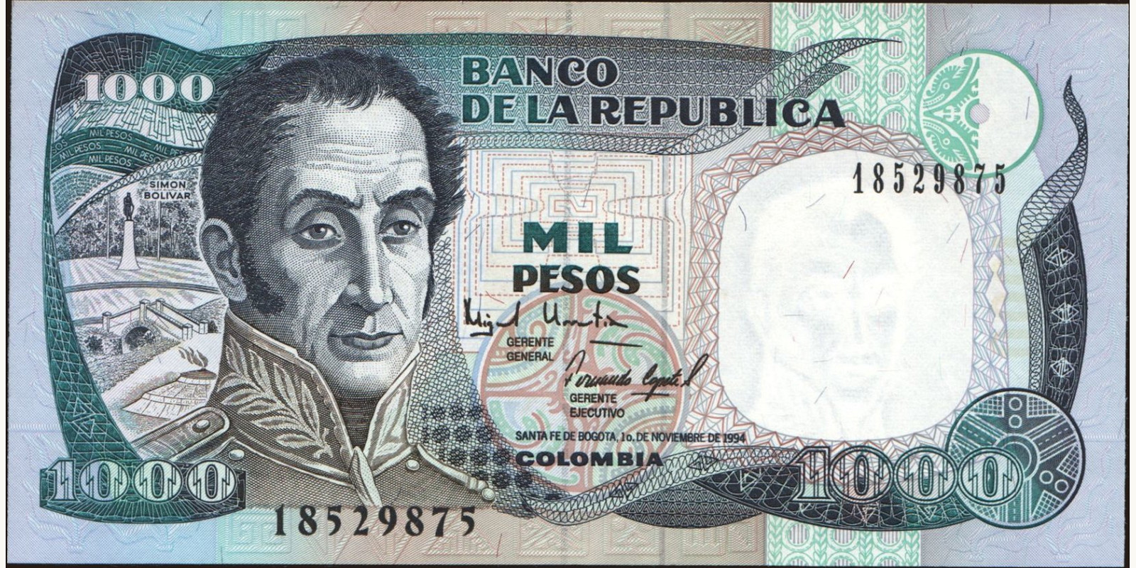 1000 pesos Колумбия 1994 — Лицевая сторона