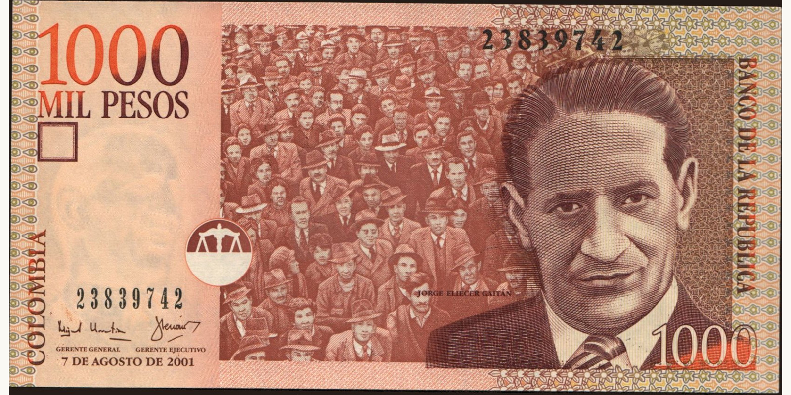 1000 pesos Колумбия 2001 — Лицевая сторона