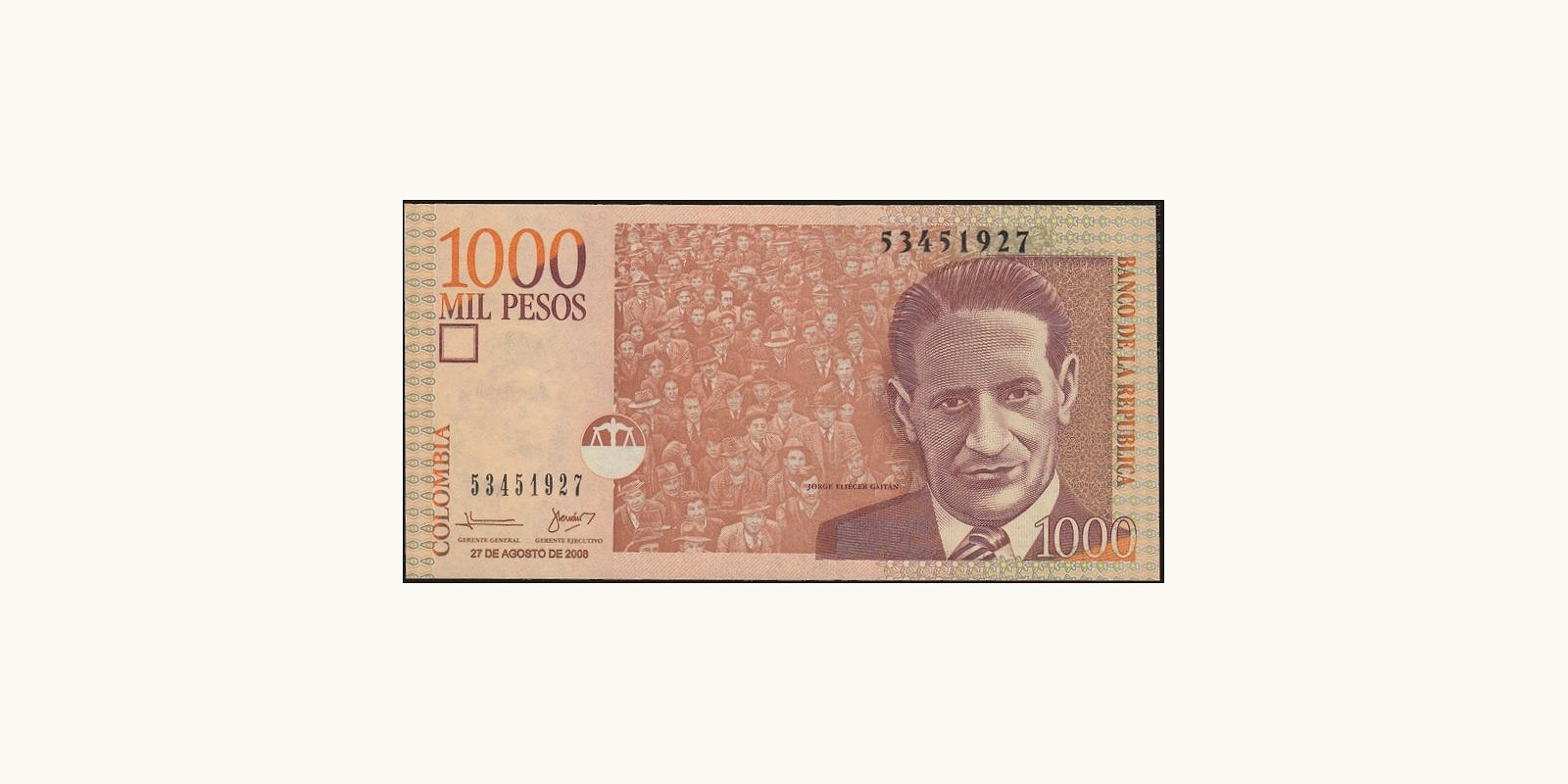 1000 pesos Колумбия 2008 — Лицевая сторона