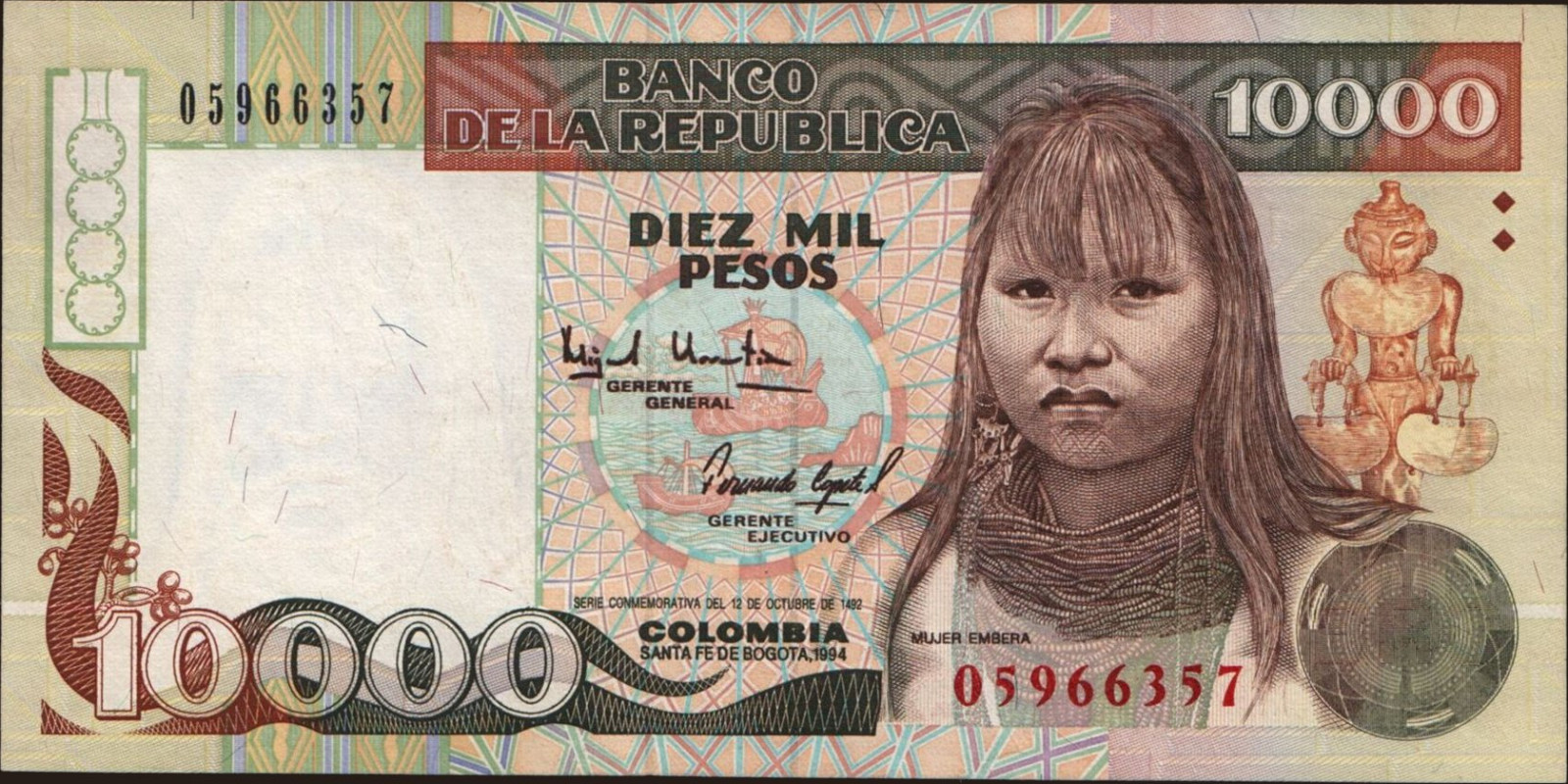 10000 pesos Колумбия 1994 — Лицевая сторона