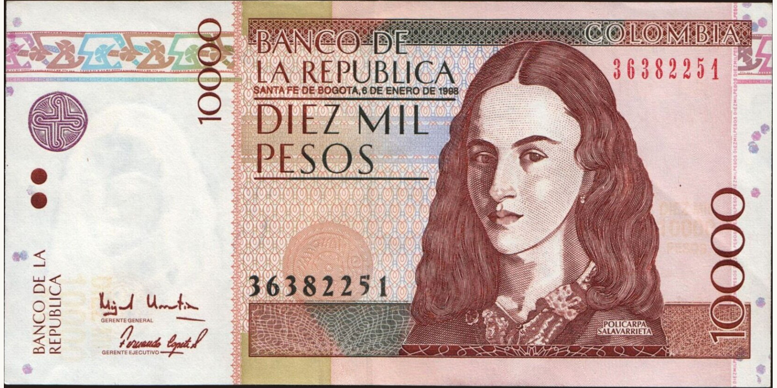 10000 pesos Колумбия 1998 — Лицевая сторона