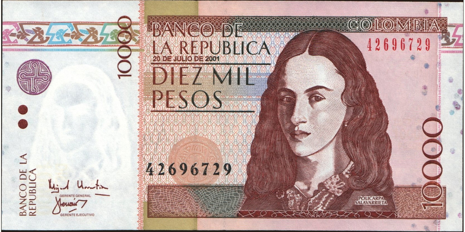 10000 pesos Колумбия 2001 — Лицевая сторона