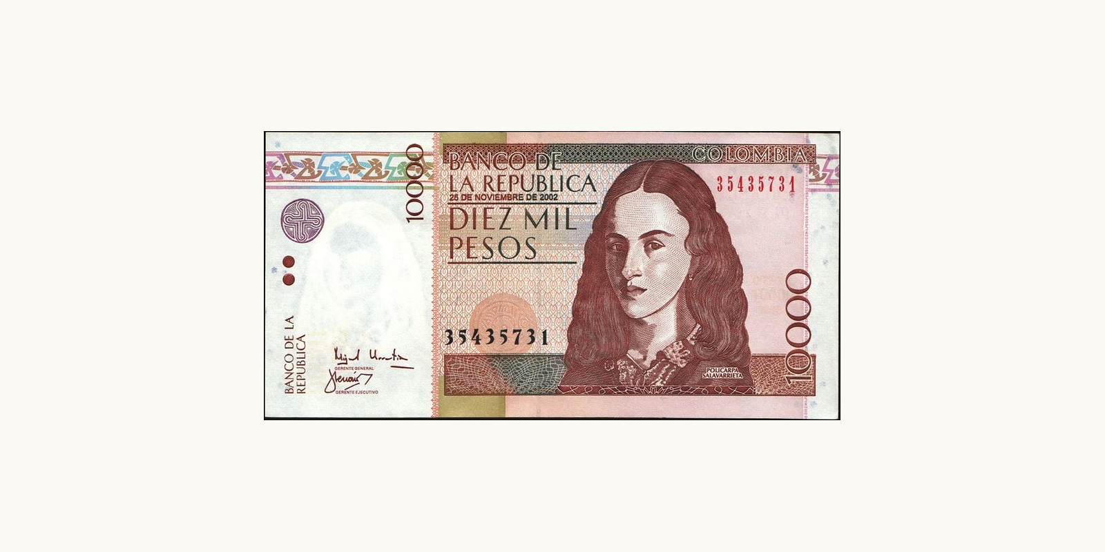 10000 pesos Колумбия 2002 — Лицевая сторона