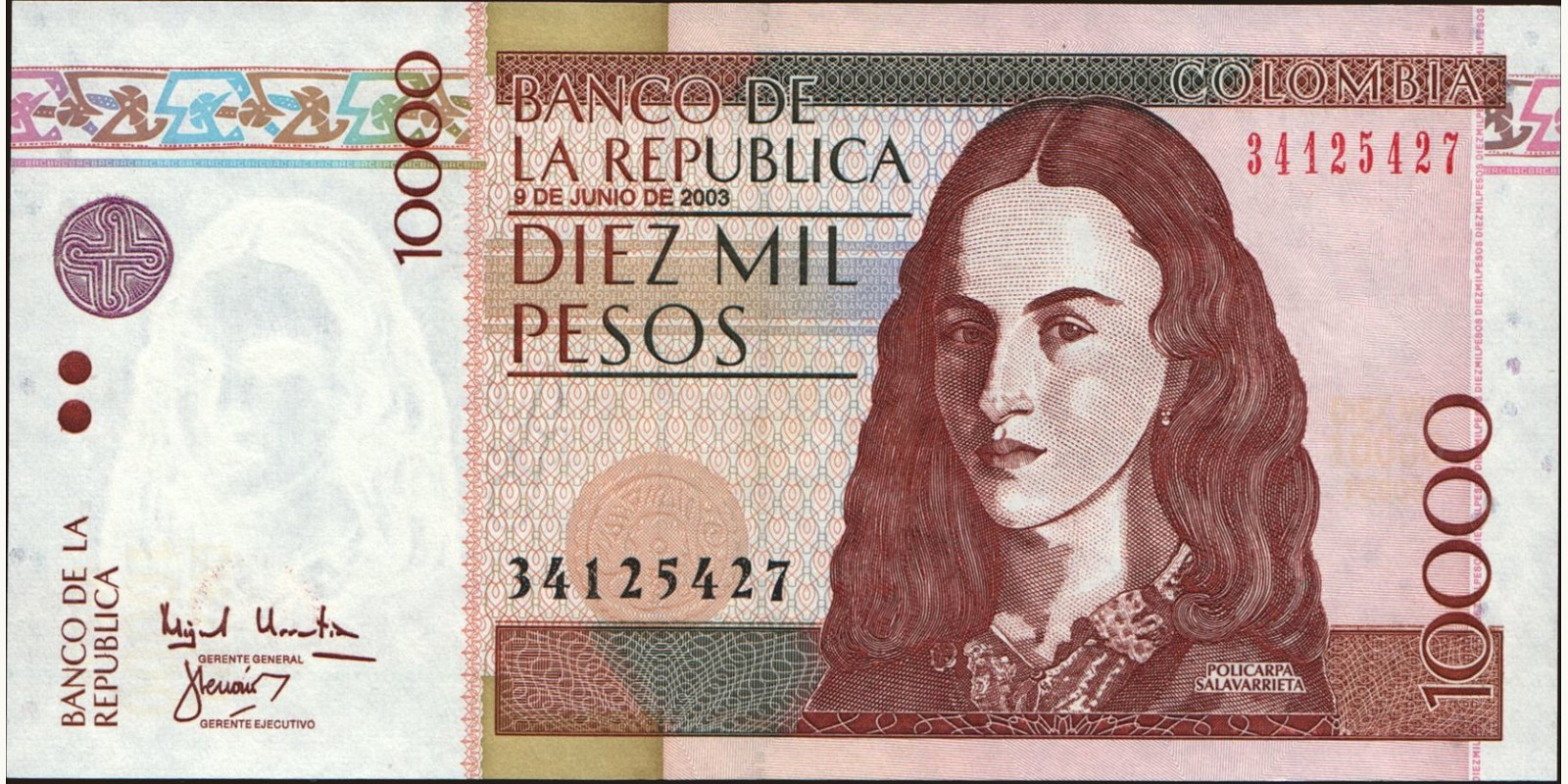 10000 pesos Колумбия 2003 — Лицевая сторона