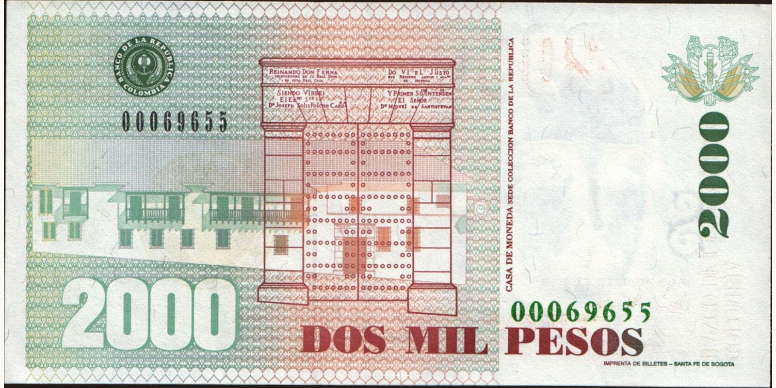 1998 pesos Колумбия 2000 — Оборотная сторона