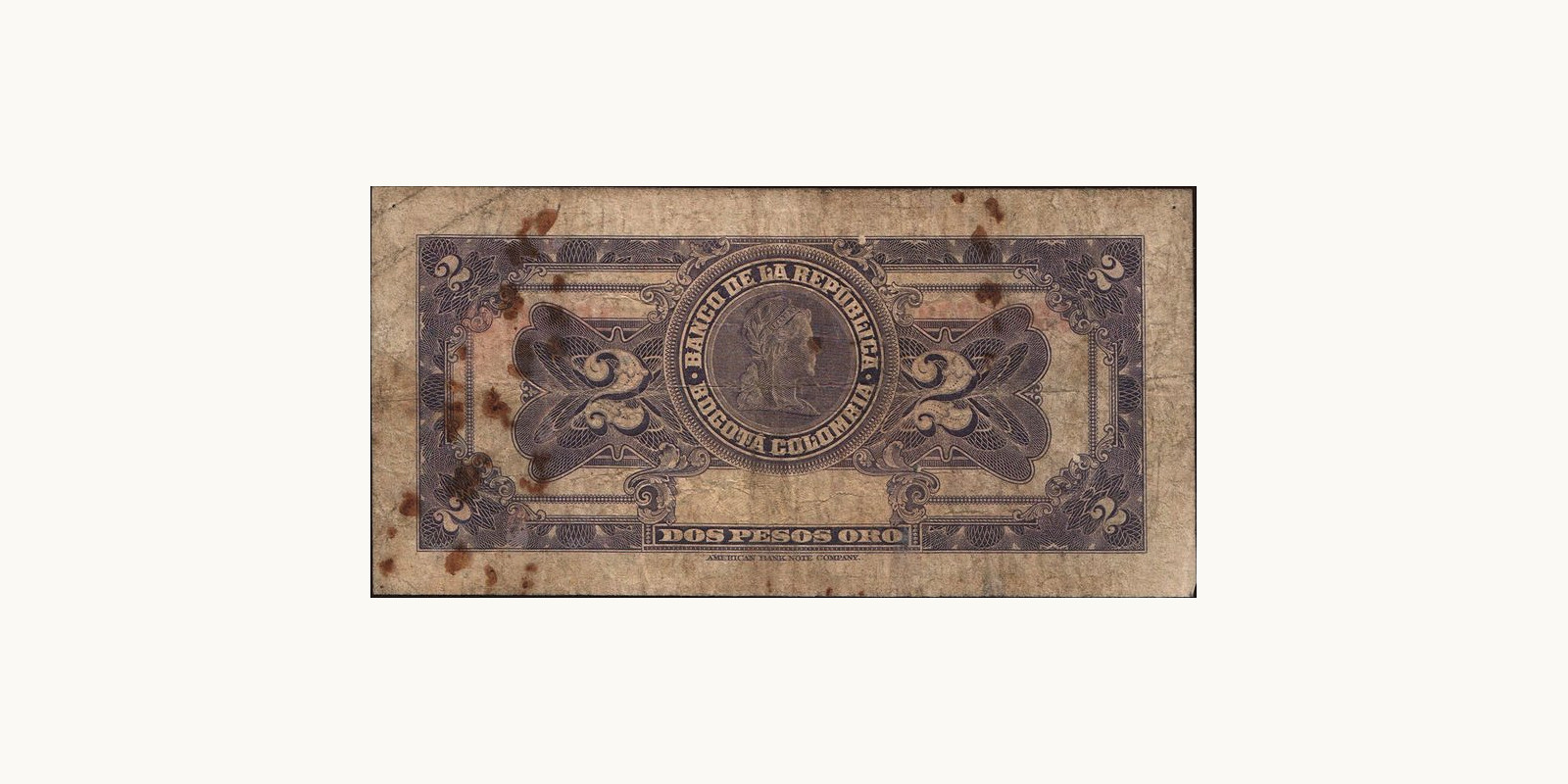 2 pesos Colombia 1944 — Back side