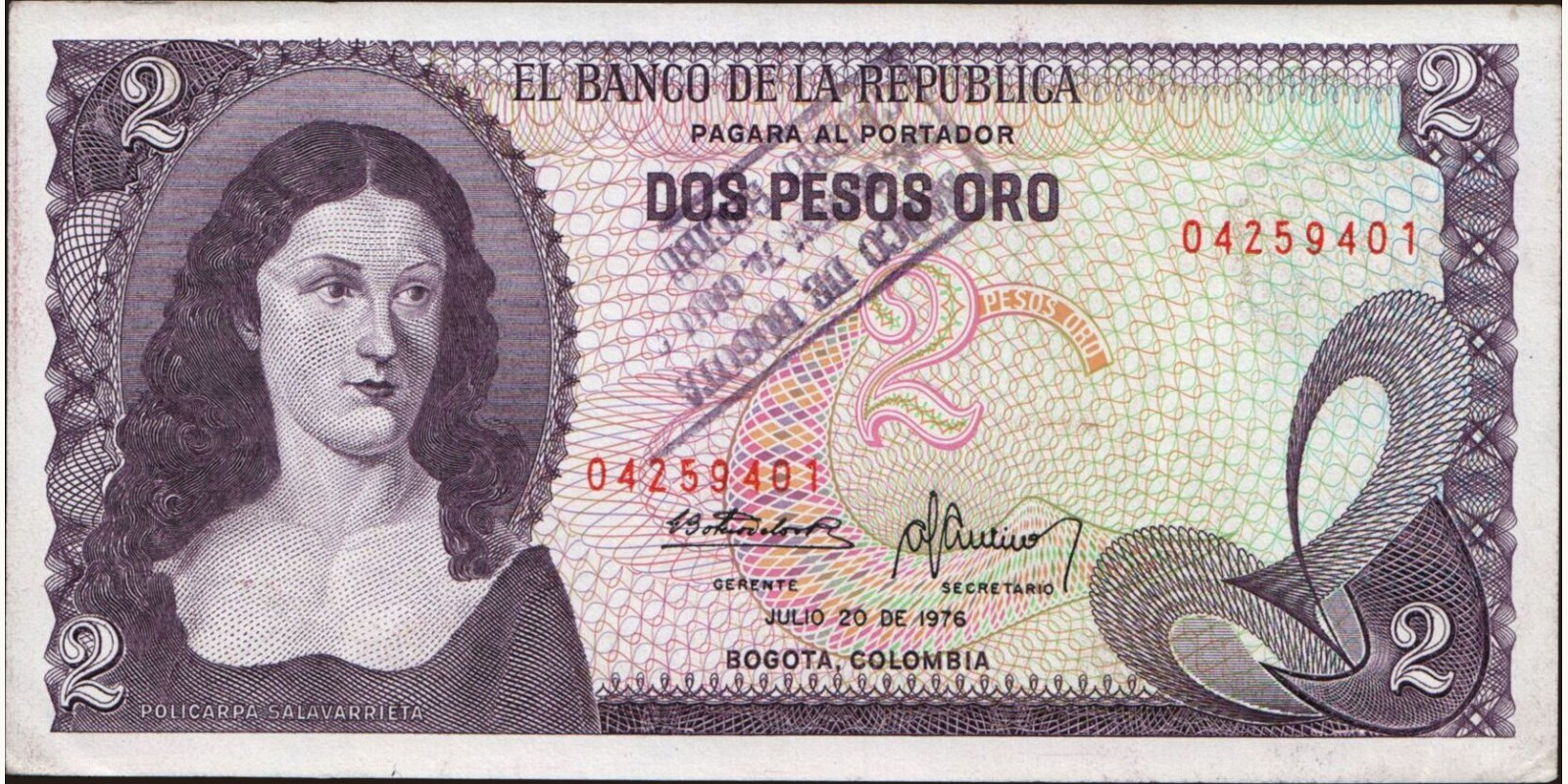 2 pesos Колумбия 1976 — Лицевая сторона