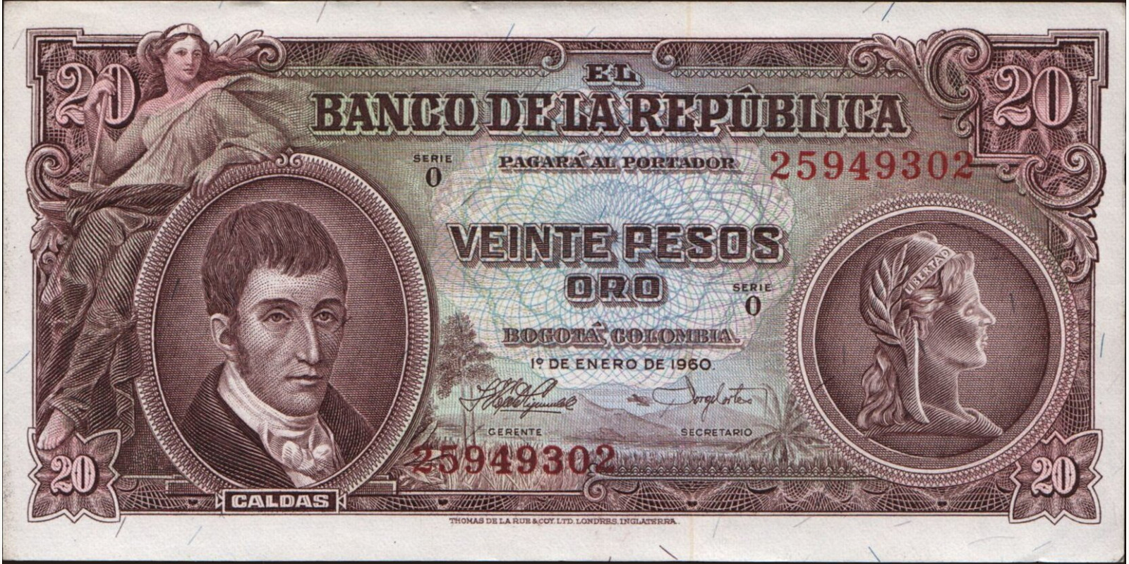 20 pesos Колумбия 1960 — Лицевая сторона
