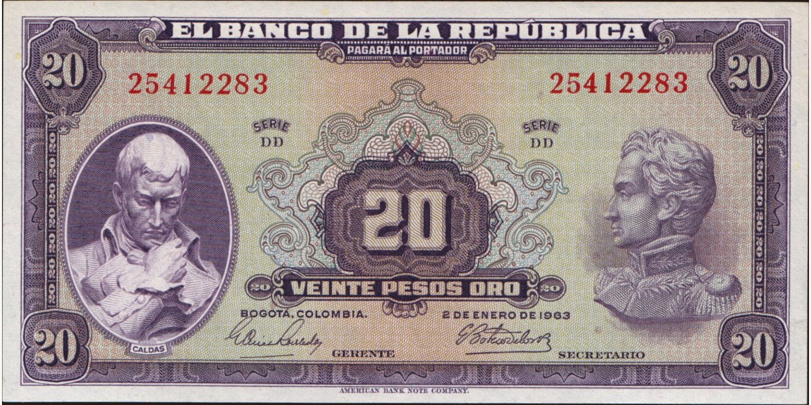 20 pesos Колумбия 1963 — Лицевая сторона