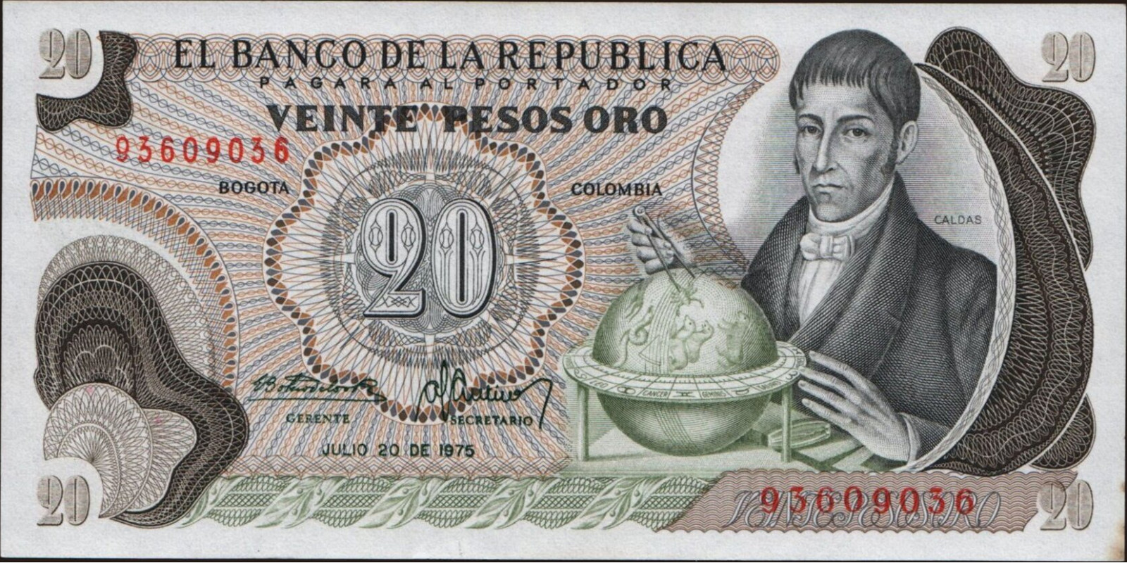 20 pesos Колумбия 1975 — Лицевая сторона