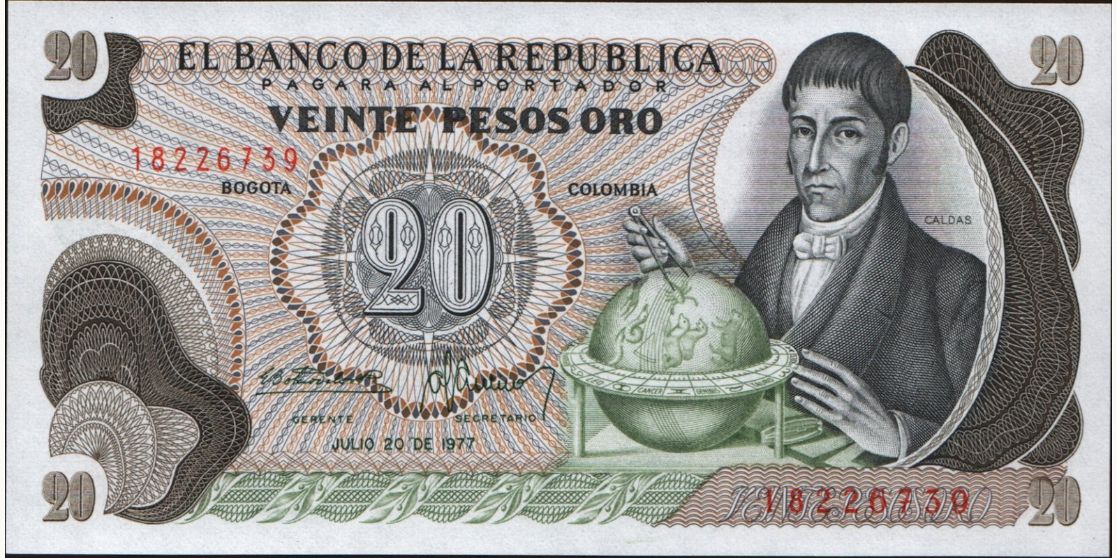 20 pesos Колумбия 1977 — Лицевая сторона