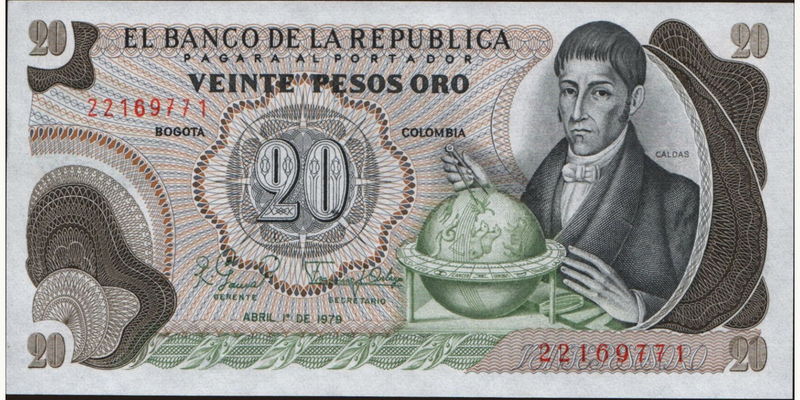 20 pesos Colombia 1979 — Front side