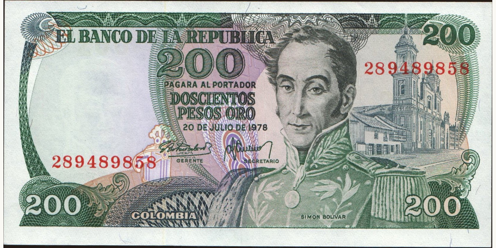 200 pesos Колумбия 1978 — Лицевая сторона