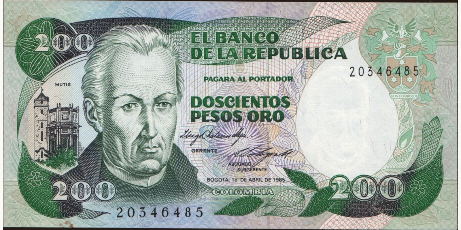 200 pesos Colombia 1985 — Front side