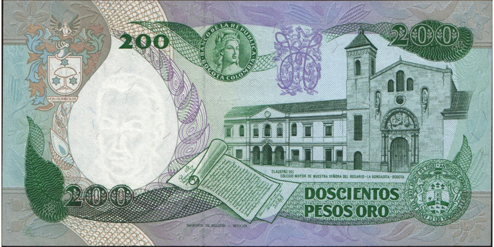 200 pesos Колумбия 1987 — Оборотная сторона