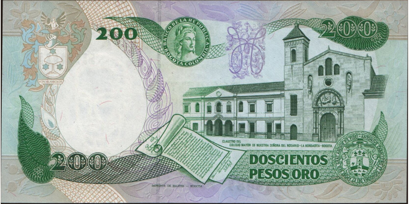 200 pesos Колумбия 1988 — Оборотная сторона