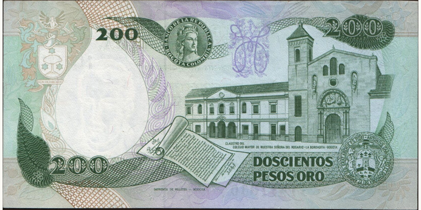 200 pesos Колумбия 1989 — Оборотная сторона