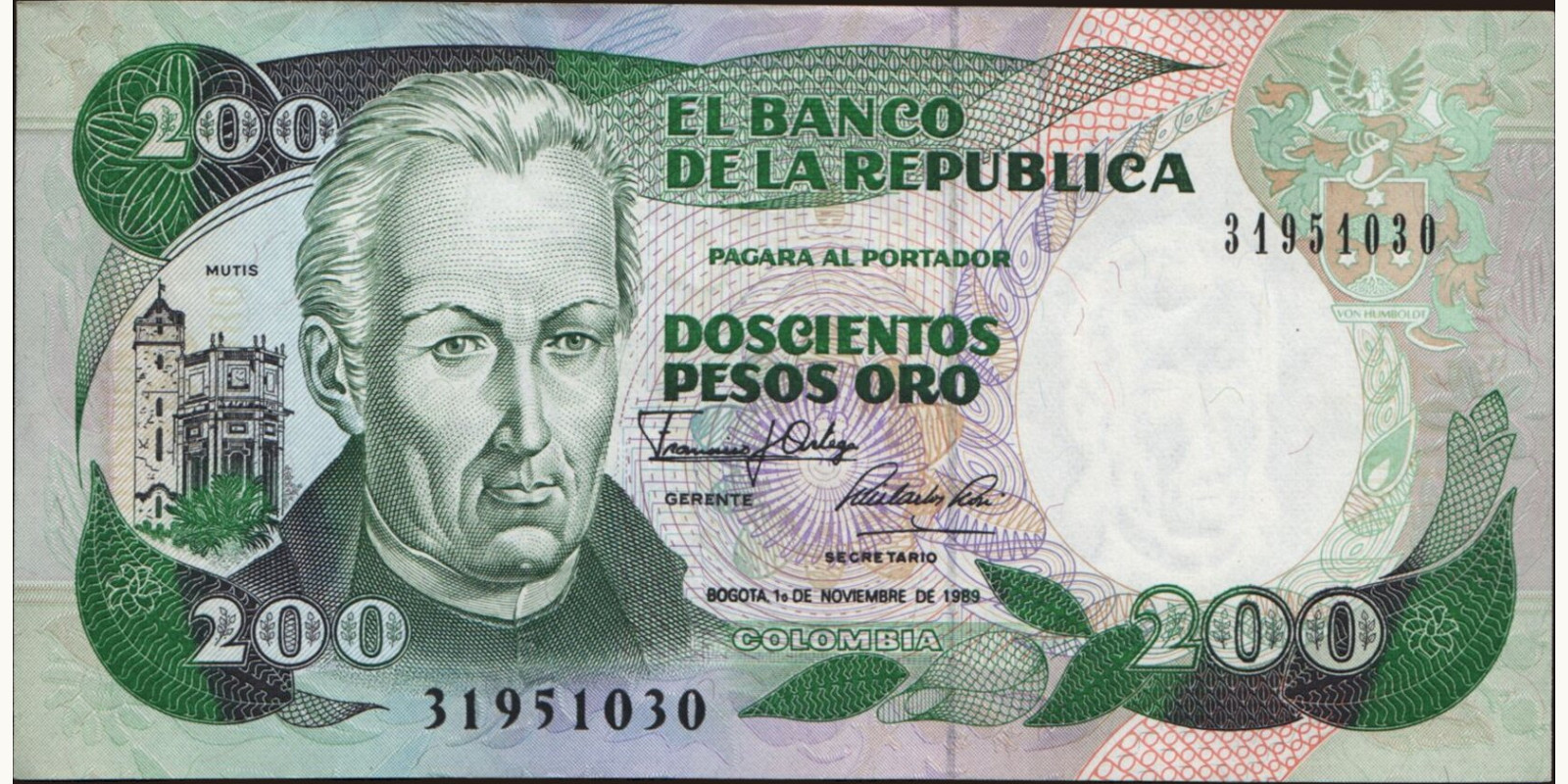 200 pesos Колумбия 1989 — Лицевая сторона