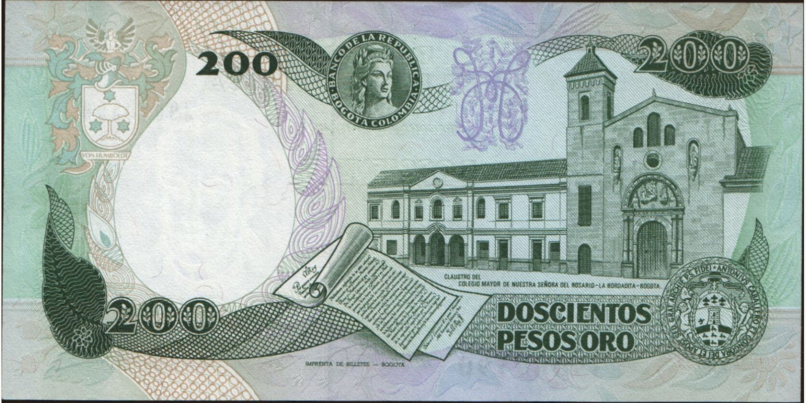 200 pesos Колумбия 1991 — Оборотная сторона