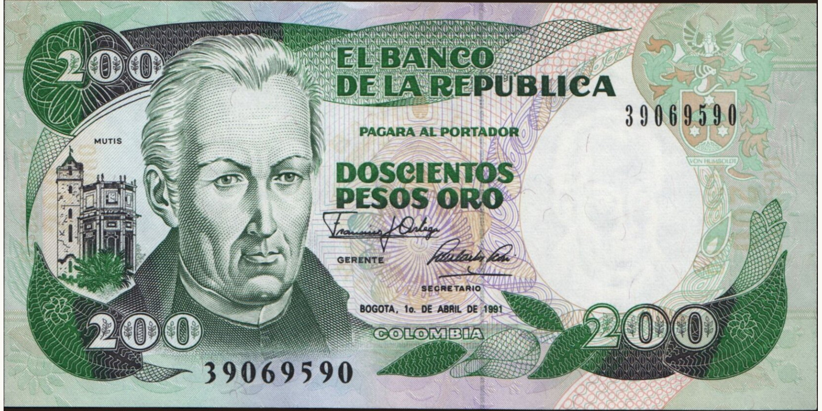 200 pesos Колумбия 1991 — Лицевая сторона