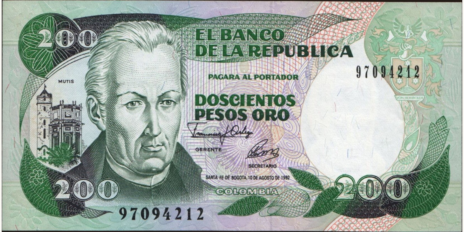 200 pesos Colombia 1992 — Front side